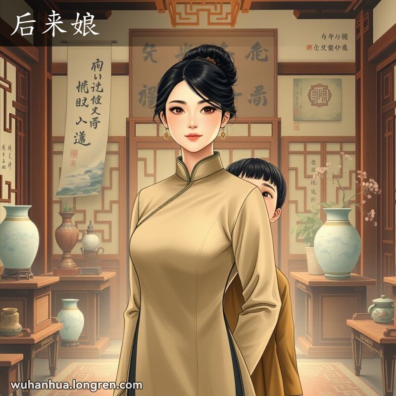 一个传统中国家庭场景，继母穿着旗袍，小孩子好奇地看着她，背景有书法卷轴和瓷器。