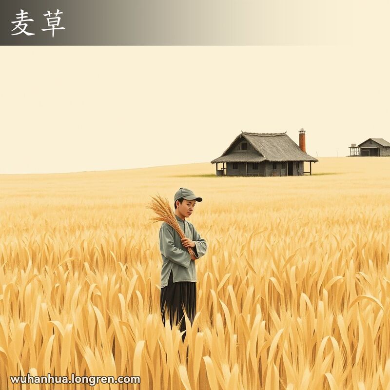 武汉农村景象，麦田里金黄色的麦秆随风摇曳，农民手捧麦秆，背景有小农舍和农具