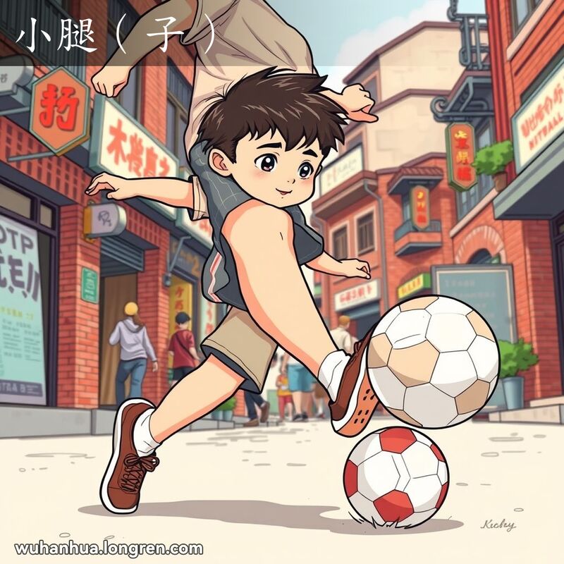 一位男孩在武汉街头踢足球，画面聚焦于他的小腿部分，背景是武汉老街景