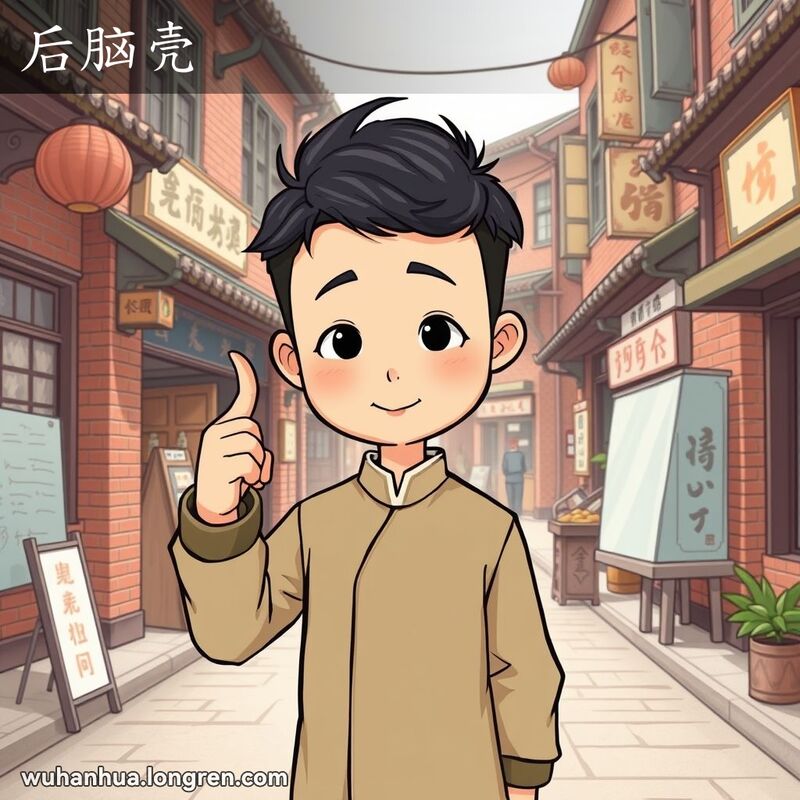 一位武汉市民站在街边，指着自己的后脑勺，背景是武汉老街景