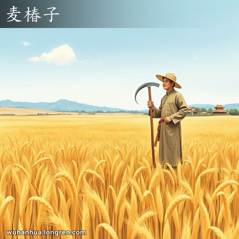 农民站在收割后的麦田中，田里留下金黄色的麦茬儿，背景是晴朗的蓝天和乡村景象