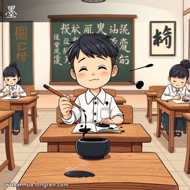 一位武汉学生在教室中练习书法，不小心将墨水洒在白衬衫和笔记本上，背景是其他学生和黑板上的中文字
