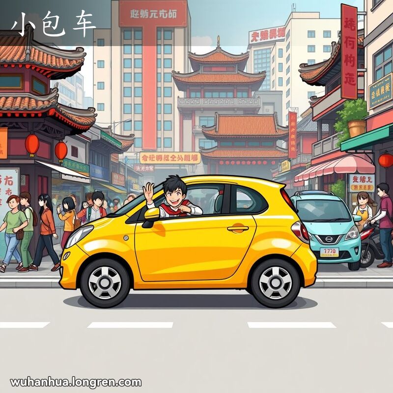 武汉街头的热闹场景，一辆小巧的轿车停在街边，车窗里有一位开心的司机在挥手，背景中有行人、小贩和其他车辆。
