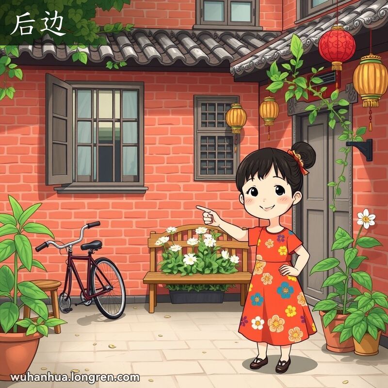 一个小女孩在武汉庭院中指向房子后方的小花园，背景有老式窗户和自行车