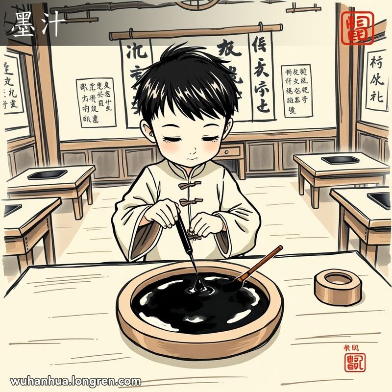 学生在书法教室研磨墨条，制作墨汁，背景有书法卷轴和竹子装饰