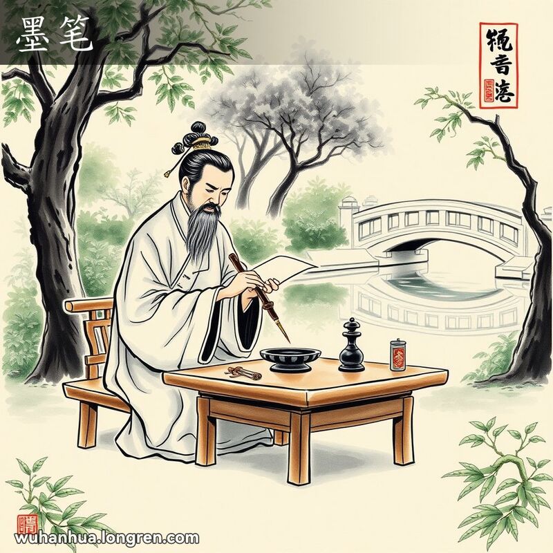 一位传统装束的书法家在庭院中用墨笔书写，背景是宁静的园林景观