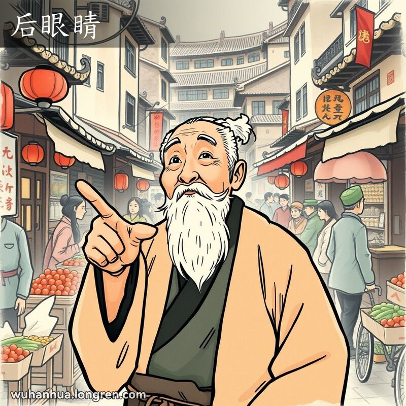一位穿着传统服饰的武汉老人站在市场中，眼神深邃，指向一个地点，展示远见卓识。背景是热闹的武汉市场，摊贩们忙着售卖商品。
