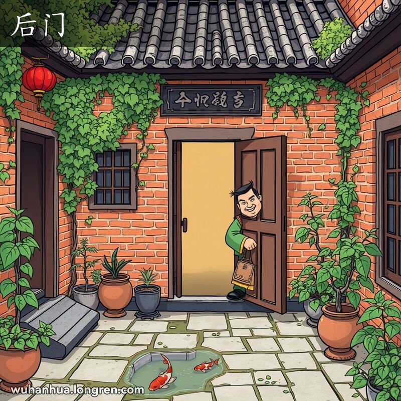 传统武汉院落，男子从后门偷偷溜进来，暗示不正当活动
