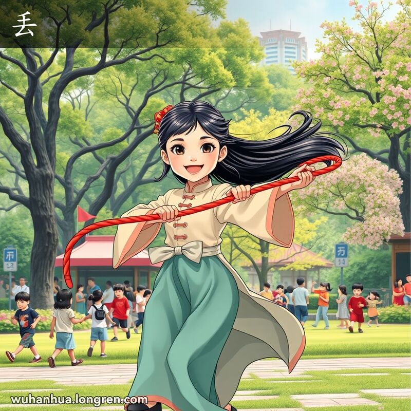 一位穿着传统服饰的小女孩在武汉公园里玩跳绳，挥动绳子，表现“丢”的动作，背景是绿树和孩子们玩耍的场景。