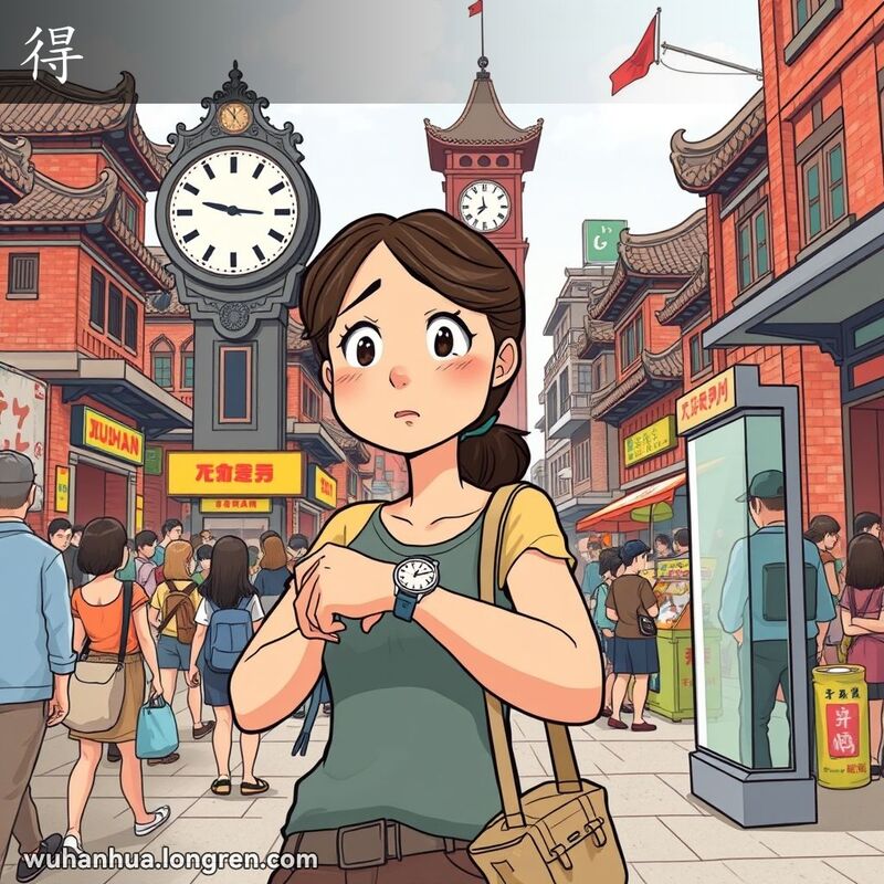 一位年轻女子在武汉街头公交车站前焦急地看着手表，背景是老街景和钟楼