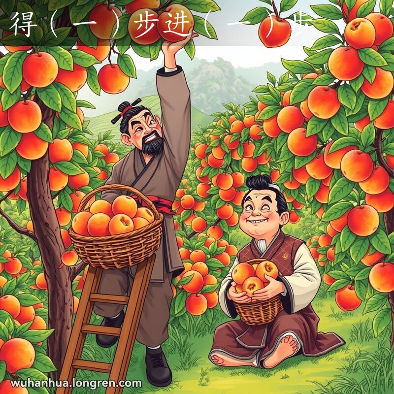 一个男子站在梯子上摘蜜桃，身后另一人拿着一篮子蜜桃，表情不满，象征得寸进尺