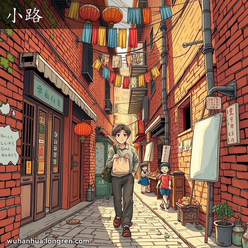 一条狭窄的武汉小巷，两旁是老旧的砖墙和小店铺，居民拎着购物袋走在巷子里，孩子们玩耍，小贩售卖小吃。