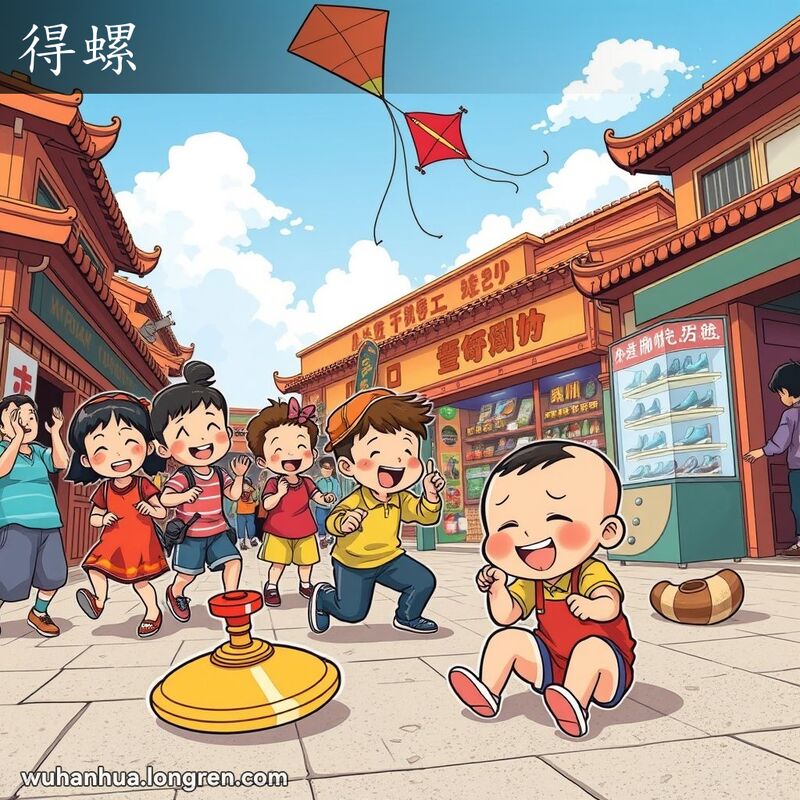 武汉街头，孩子们玩陀螺，一个孩子坐立不安，背景有厚底鞋店和陀螺风筝