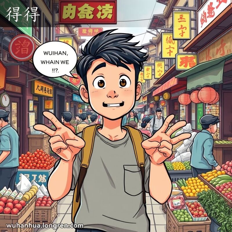 一位年轻的武汉男子在市场中，脸上带着惊讶的表情，用手比划着，背景是热闹的市场和老街景。