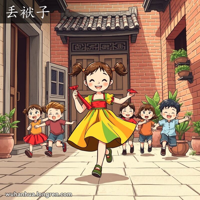 一群孩子在武汉传统院落中玩丢手帕游戏，主角是一个拿着红手帕的小女孩，背景是老式木门和红砖墙