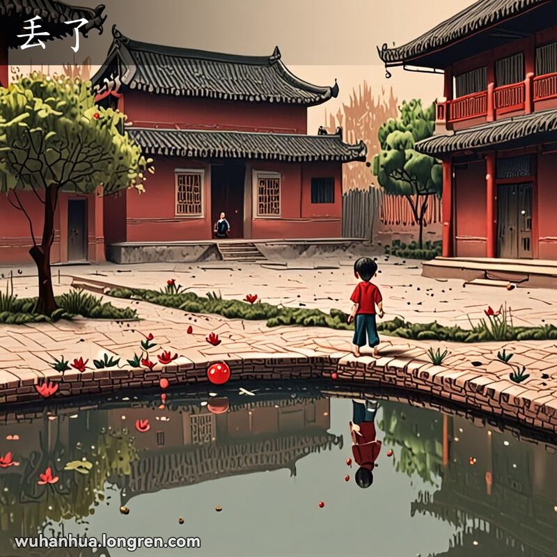 一个小孩在武汉传统院子里玩球，球掉进池塘，小孩露出失落的表情