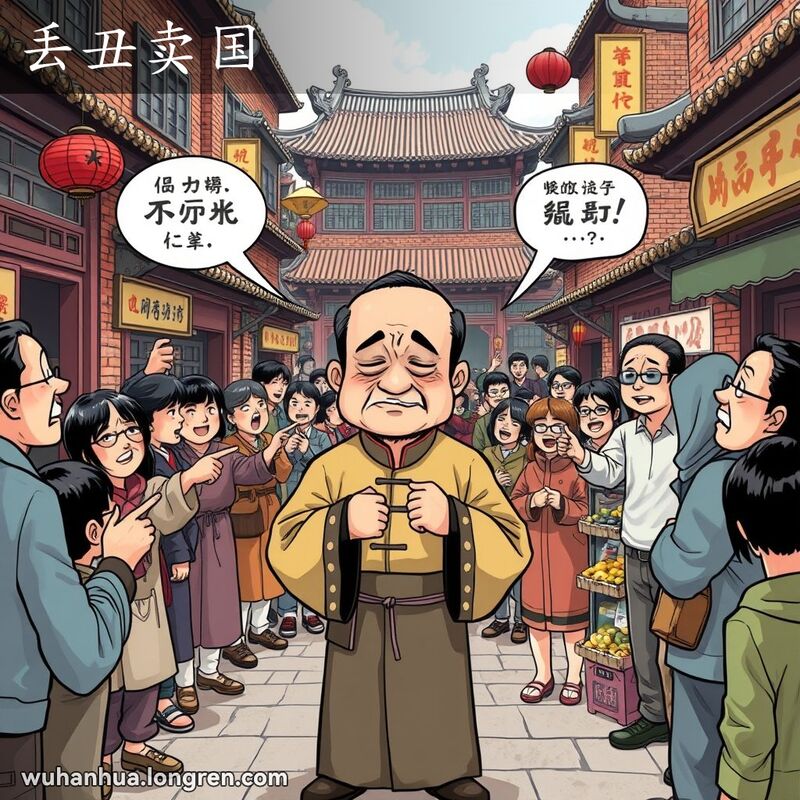 一位穿着传统服饰的武汉男子站在街头，周围人群指指点点，表情羞愧，背景是武汉老街景