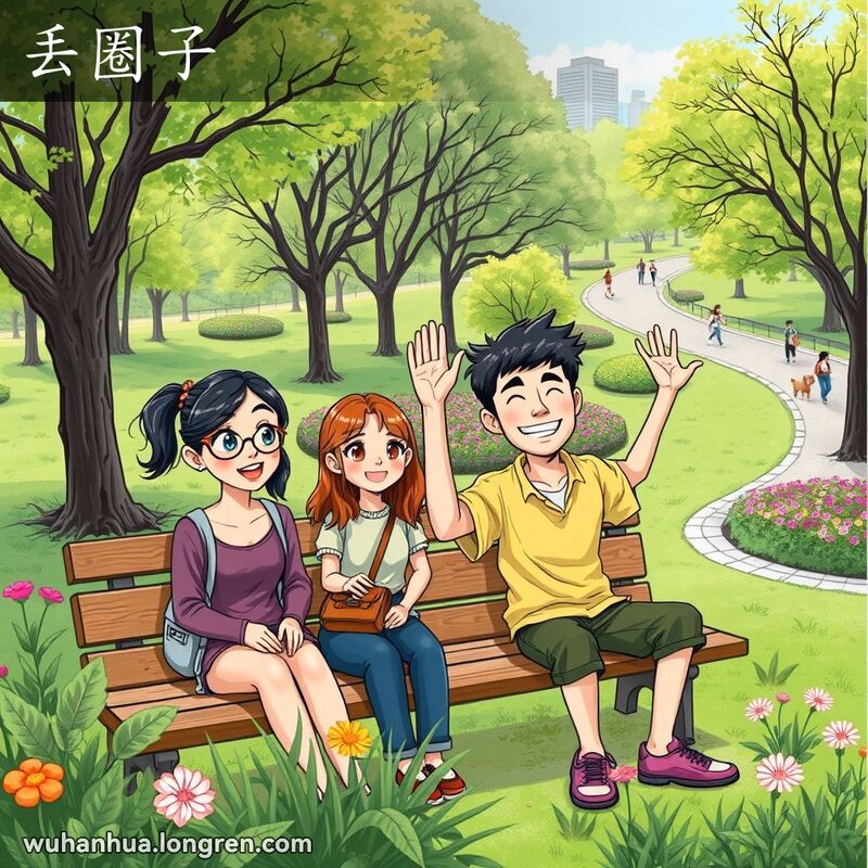 一群朋友在公园长椅上聊天，一人用手比划圆圈，另一人露出困惑和不耐烦的表情，背景是宁静的公园