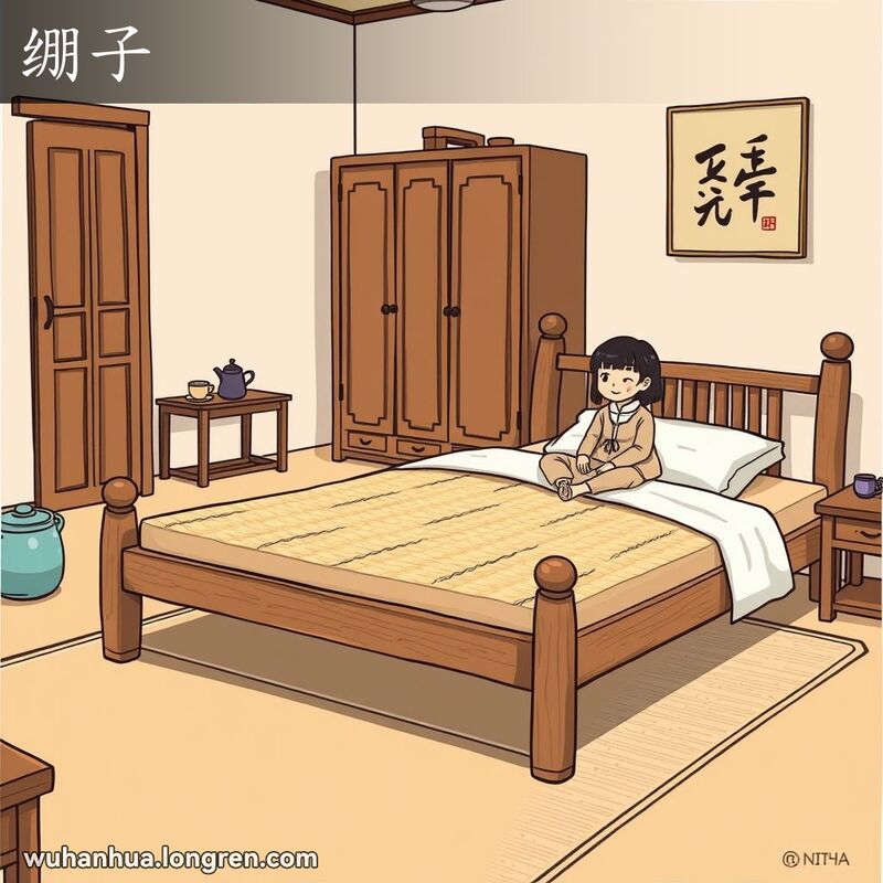 传统武汉家庭场景，展示用棕绳编织的床垫“绷子”，居民坐在床边，背景有中式家具