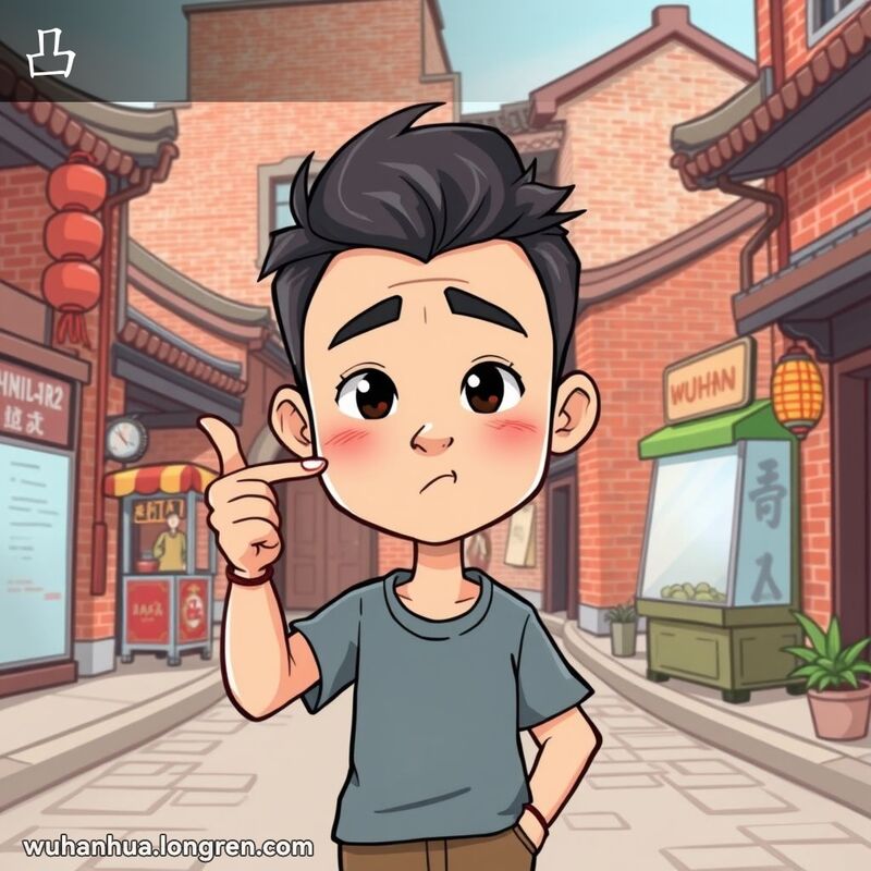 一个人站在武汉街头，头上有一个明显的包，表情不悦，指着自己的包，背景是武汉老街景。