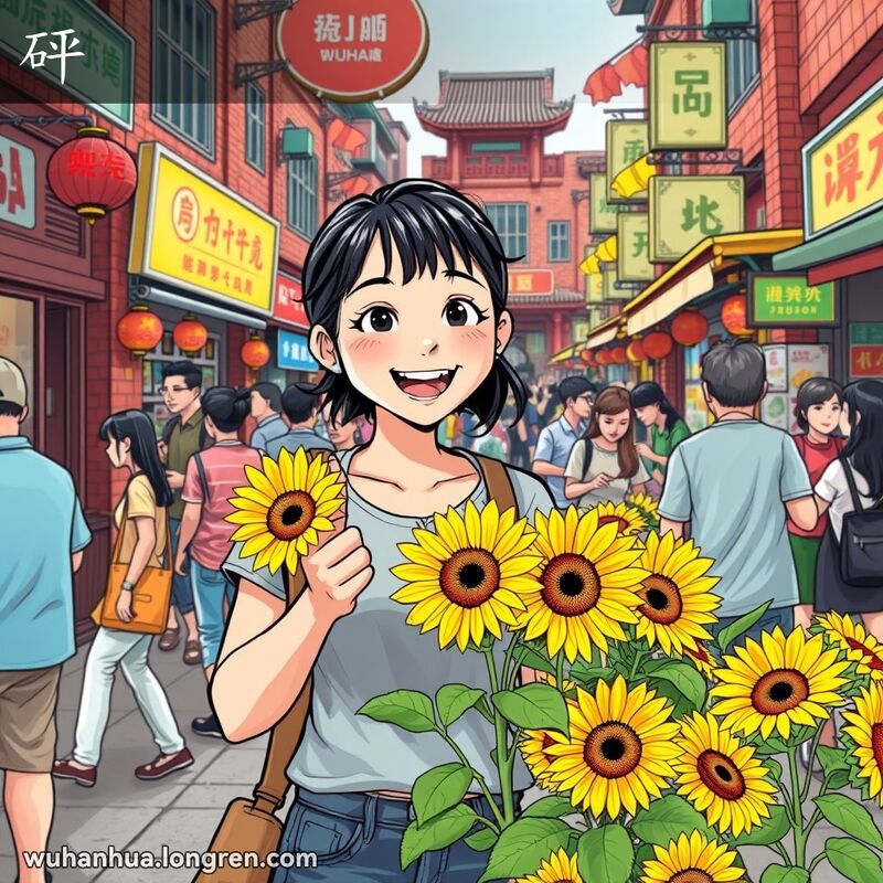 一位年轻女子在武汉街头花市前，指着鲜艳的黄色向日葵，脸上露出惊喜的表情，背景是武汉老街景