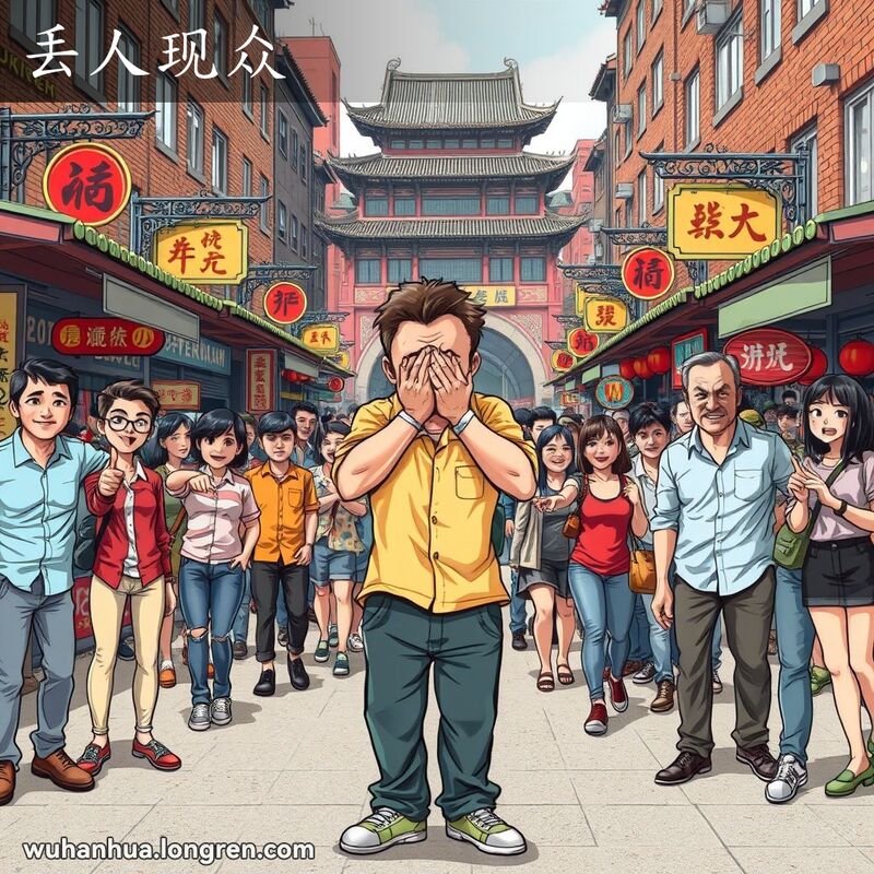 一位武汉市民在街头因尴尬事件感到羞愧，周围人群指指点点，背景是武汉老街景