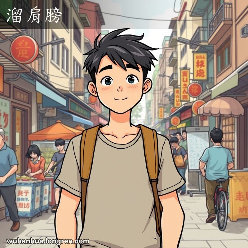 一位武汉年轻人在街道上悠闲地行走，一只肩膀下垂，姿态轻松自如，背景是武汉街景