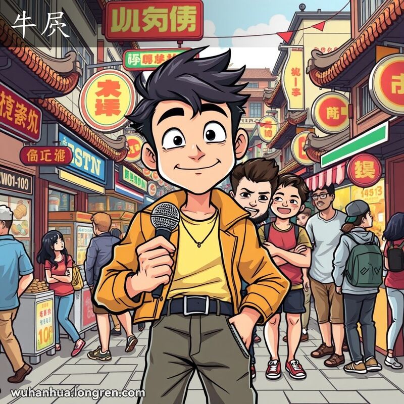 一位年轻人在武汉街头手持麦克风自信地吹嘘，背后是一群朋友和热闹的街景