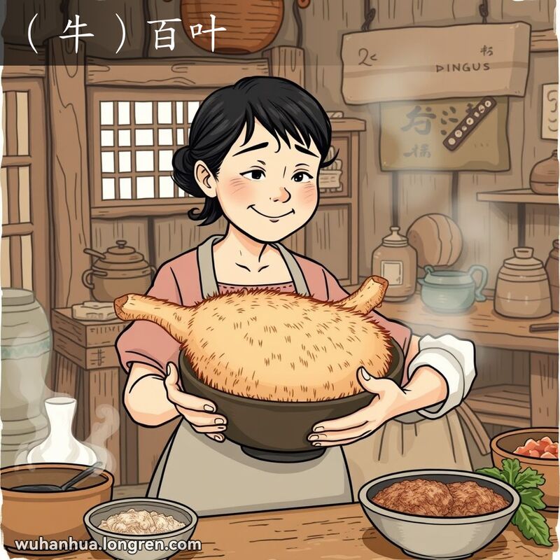 一位中年妇女在厨房里手持一碗牛胃，仔细端详，背景是传统厨房
