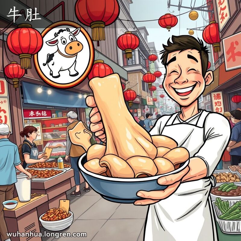 武汉街头市场摊位，摊主手持光滑的牛肚，背景有其他摊位和食客