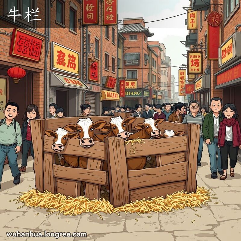 武汉街道上的脏乱牛栏，几头牛在里面显得不适，背景是老旧建筑和行人。