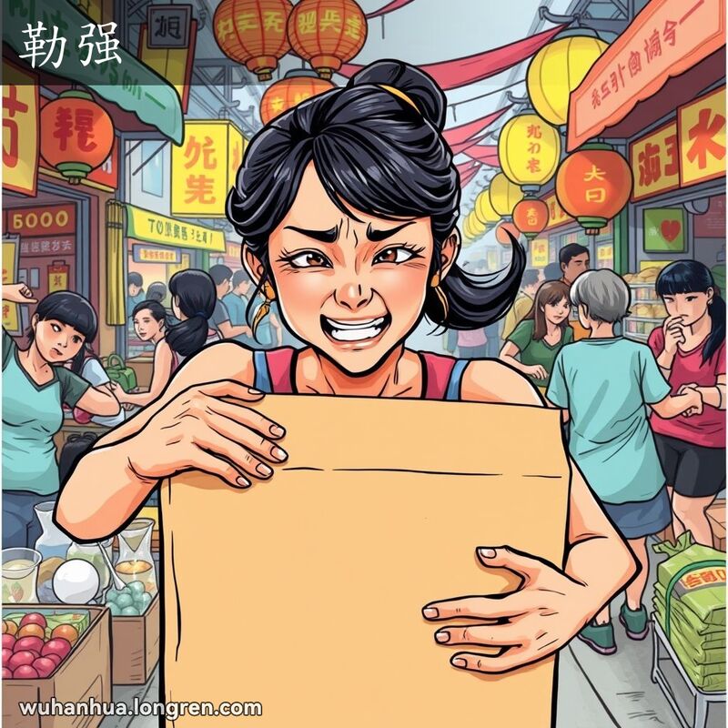 一位武汉女子在市场中努力搬运沉重的箱子，表情紧张，背景是热闹的市场场景。