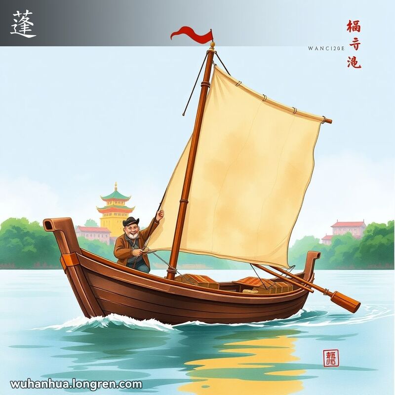 一艘传统木船在长江上航行，船上悬挂着一面大帆，船夫开心地掌舵，背景是武汉的美丽风景。