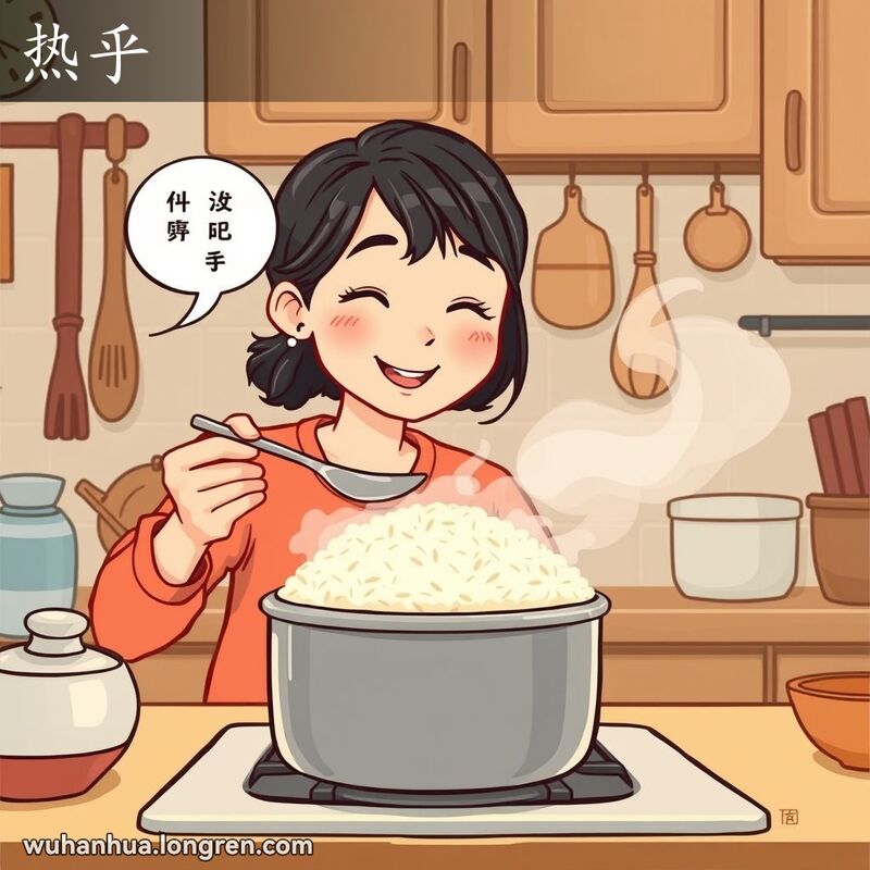 一位女士在厨房里品尝热乎的米饭，背景是温馨的厨房场景