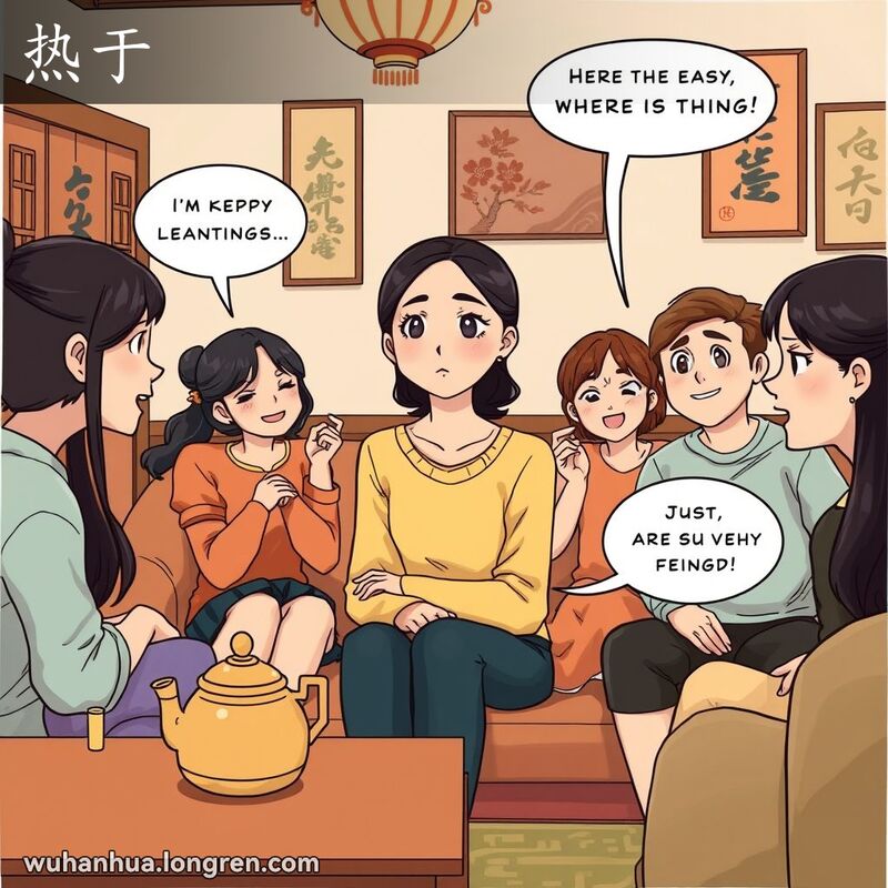 一群朋友在客厅聚会，年轻女子坐在沙发上，表情中立，显得对活动不感兴趣，背景是传统中式装饰的客厅
