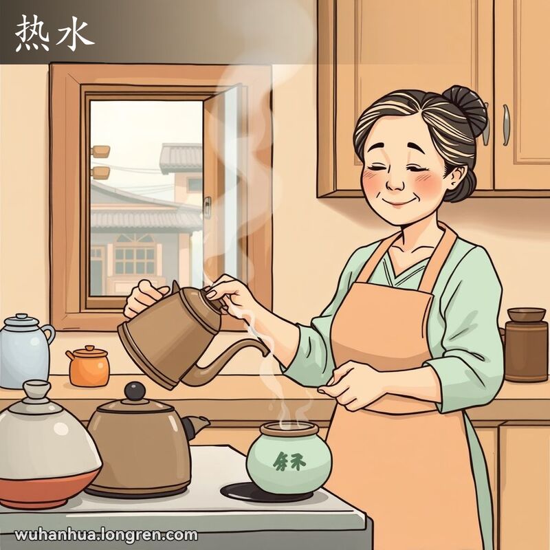 一位中年妇女在厨房里从水壶倒热水进茶壶，背景是武汉街景