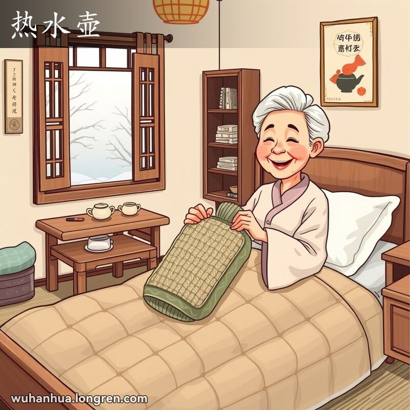 一位老奶奶坐在床上，手里拿着热水壶放在被子下取暖，背景是温馨的卧室