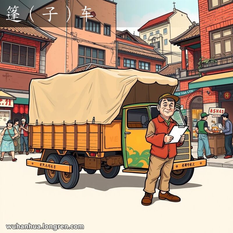 一辆有篷货车停在武汉老街上，司机站在车旁，背景是热闹的老街景象