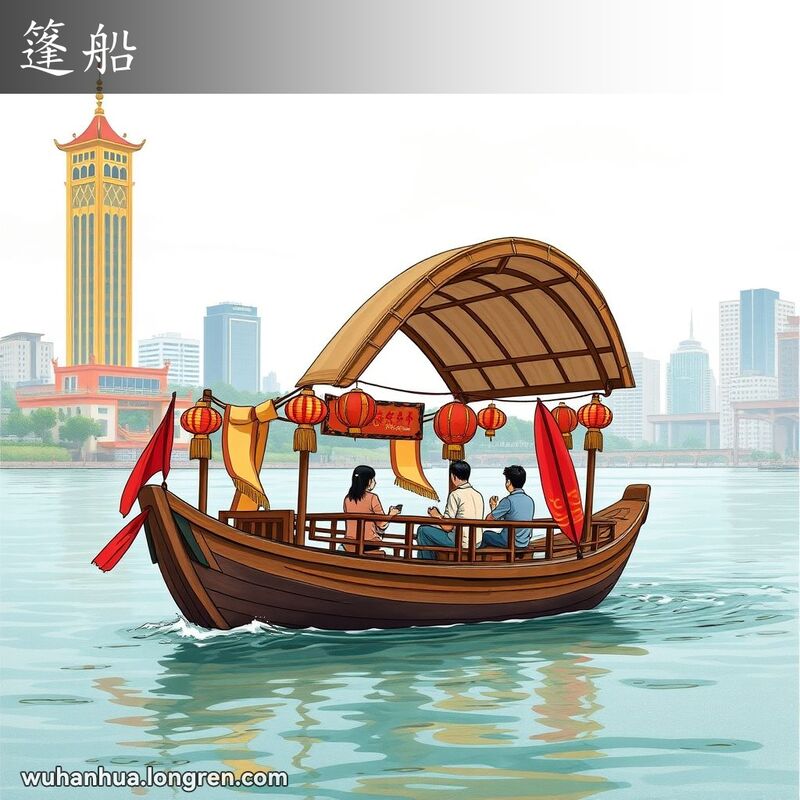 一艘传统的武汉篷船在河面上漂浮，船上有竹子和布制成的篷盖，背景是黄鹤楼和现代城市天际线。