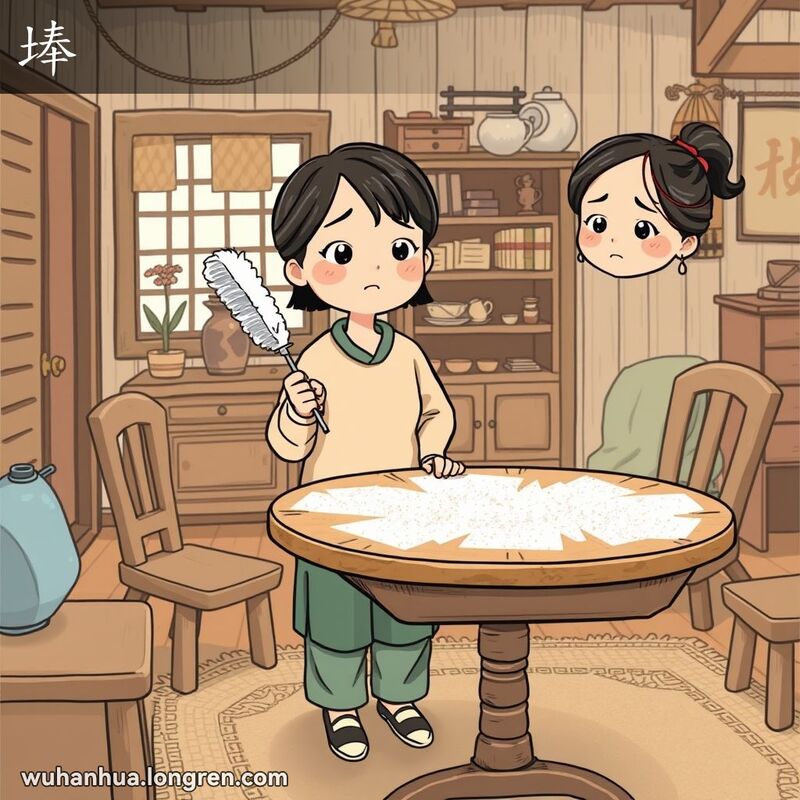 一位武汉女子站在家中木桌前，桌子上覆盖着灰尘，她手持羽毛掸子露出不满的表情，背景是武汉老家具和温馨的家庭氛围