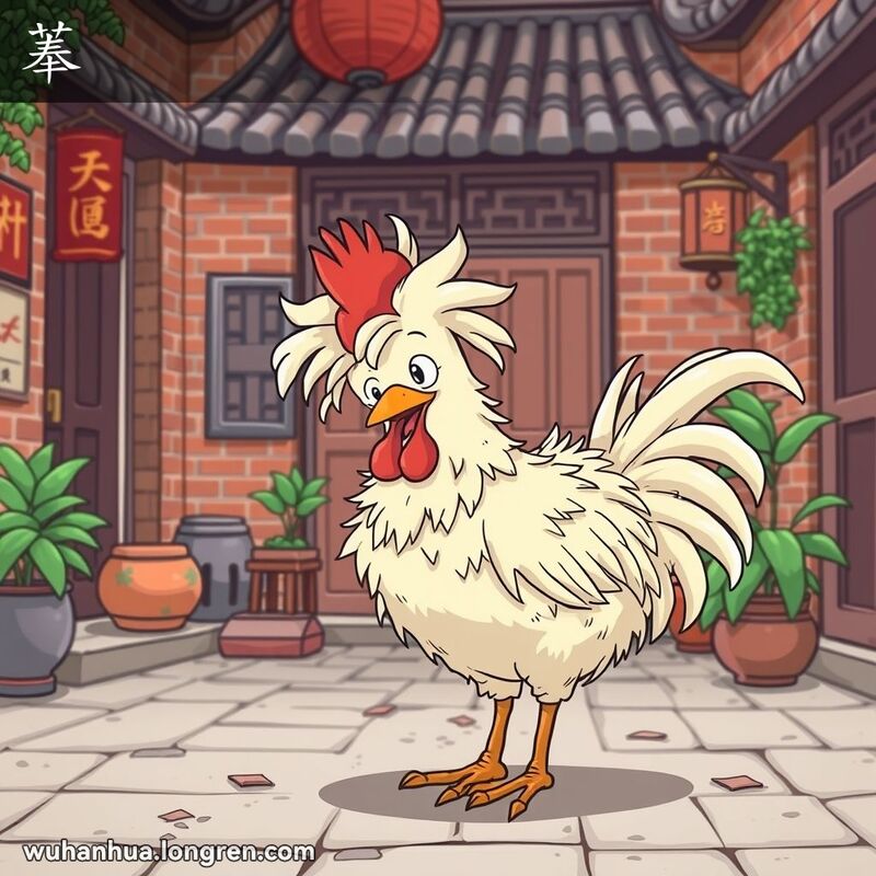 一只羽毛蓬松散乱的鸡站在武汉传统庭院中，背景有红砖墙和盆栽