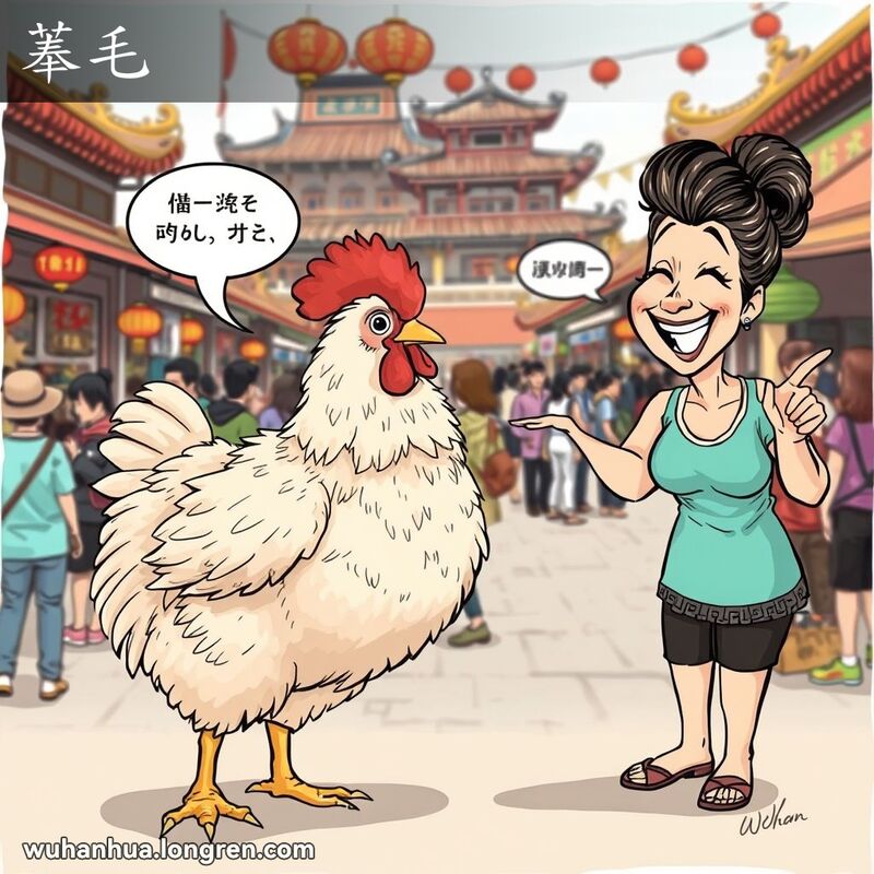 一只羽毛蓬松的鸡站在武汉市场，旁边的妇女指着鸡笑，她的头发也蓬松。