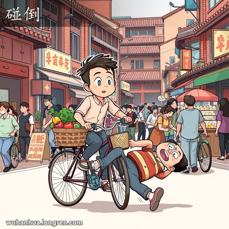 一位骑自行车的年轻人在武汉街头不小心撞倒行人，两人都摔倒在地，背景是武汉老街景