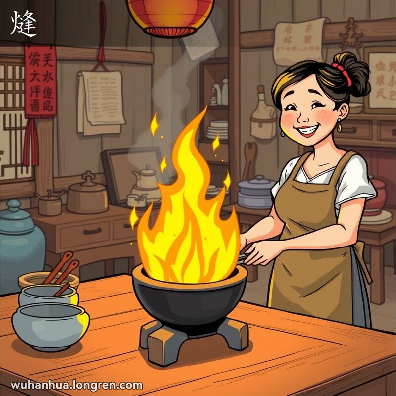 一位武汉妇女在传统厨房中烧火，火焰旺盛，背景是中式厨房