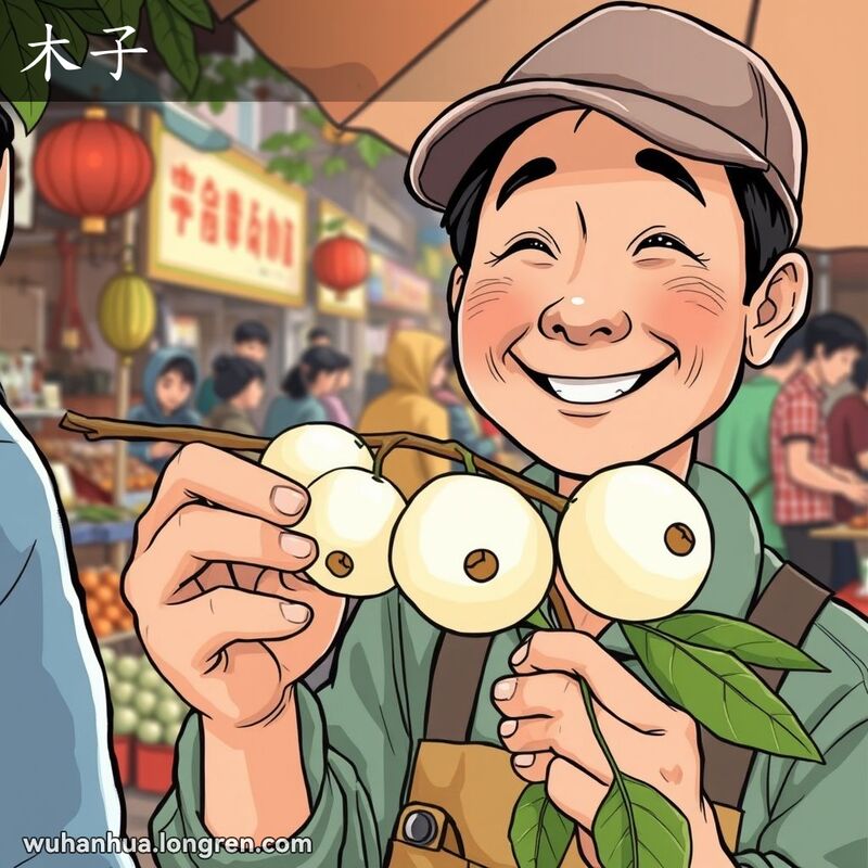 武汉街头小贩手持乌桕树枝，展示白色蜡质果实，背景是热闹的市场