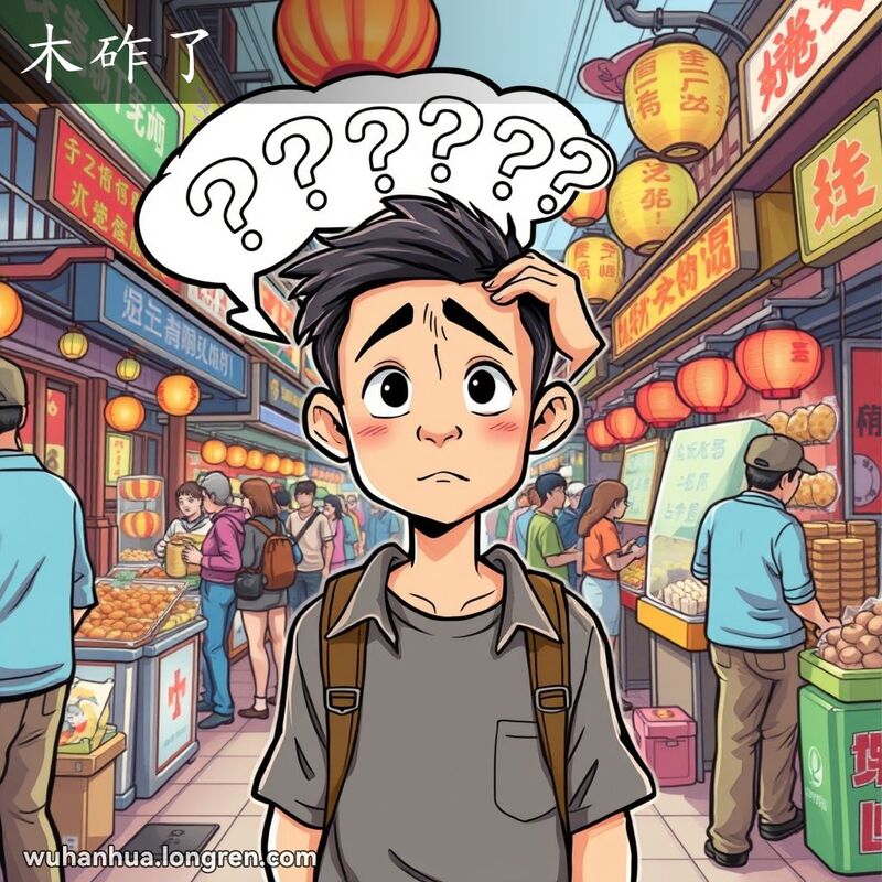 一位迷惑的人站在武汉市场中，头上有问号思考泡泡，背景是热闹的市场和小贩。