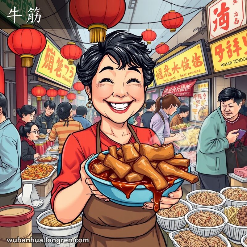 武汉街市摊位售卖牛筋，摊主笑容满面，牛筋闪闪发光，背景有其他小吃摊位，场景热闹。