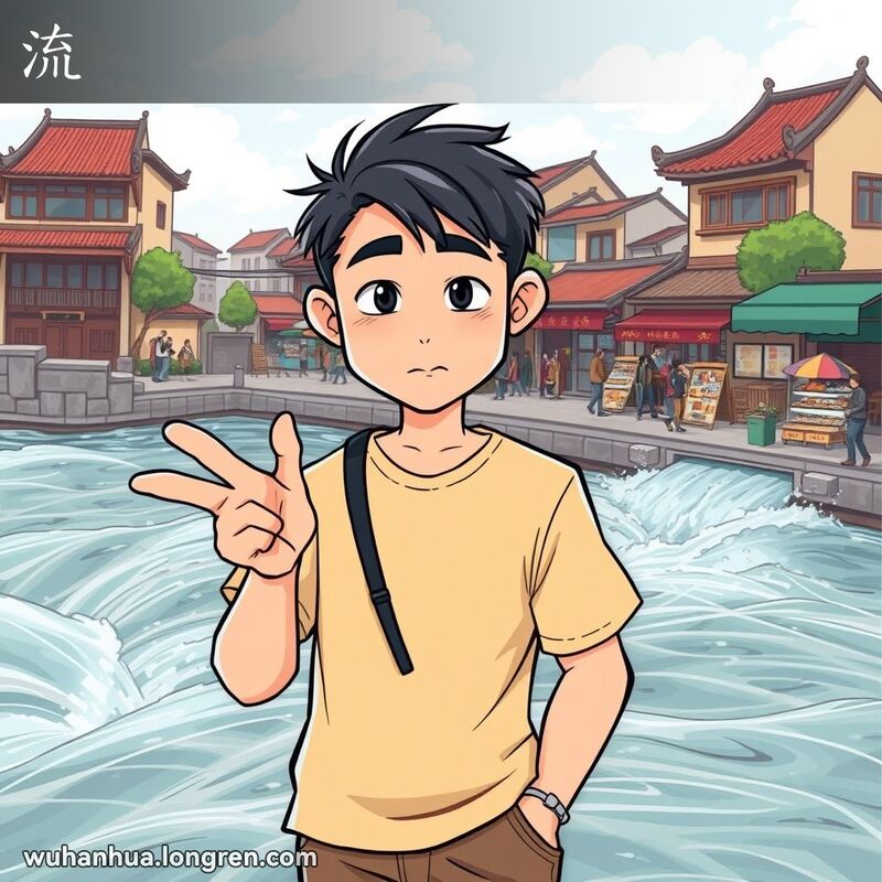 一位武汉年轻人站在河边，指着湍急的河水，脸上带着不满的表情，背景是武汉的传统建筑和市场