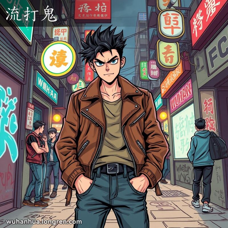 一位穿着皮夹克的年轻人站在武汉街头，背景是霓虹灯和涂鸦，表现出“流打鬼”的叛逆形象。