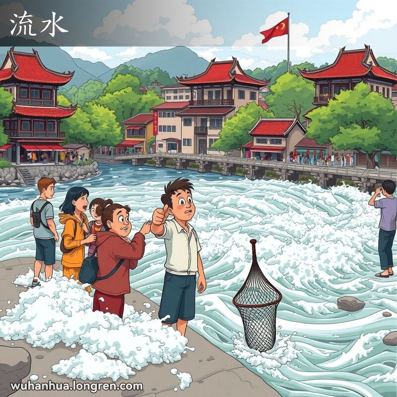 武汉河岸边，河水流动迅速，居民们聚集在岸边讨论，其中一人手持渔网，背景是传统建筑和茂密的植被。